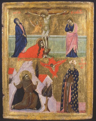 Crucifixión y los estigmas de San Francisco de Asís y San Ludovico de Tolosa de Master of the Sterbini Diptych